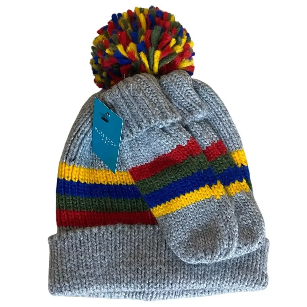 West Loop Kids Winter Hat Glove Set OS Gray Blue Red Mittens Pompom Beanie NEW
